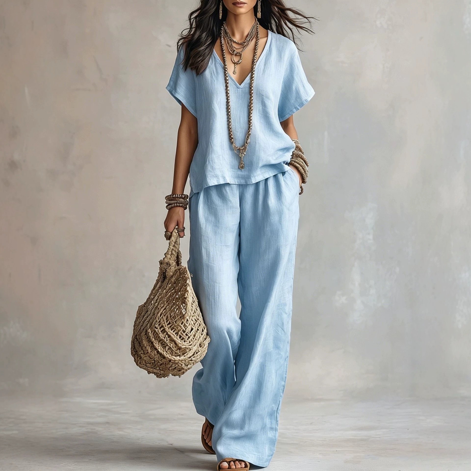 Women's Fashion Casual Solid Color V Neck Loose Short Sleeve And Casual Trousers Two Piece