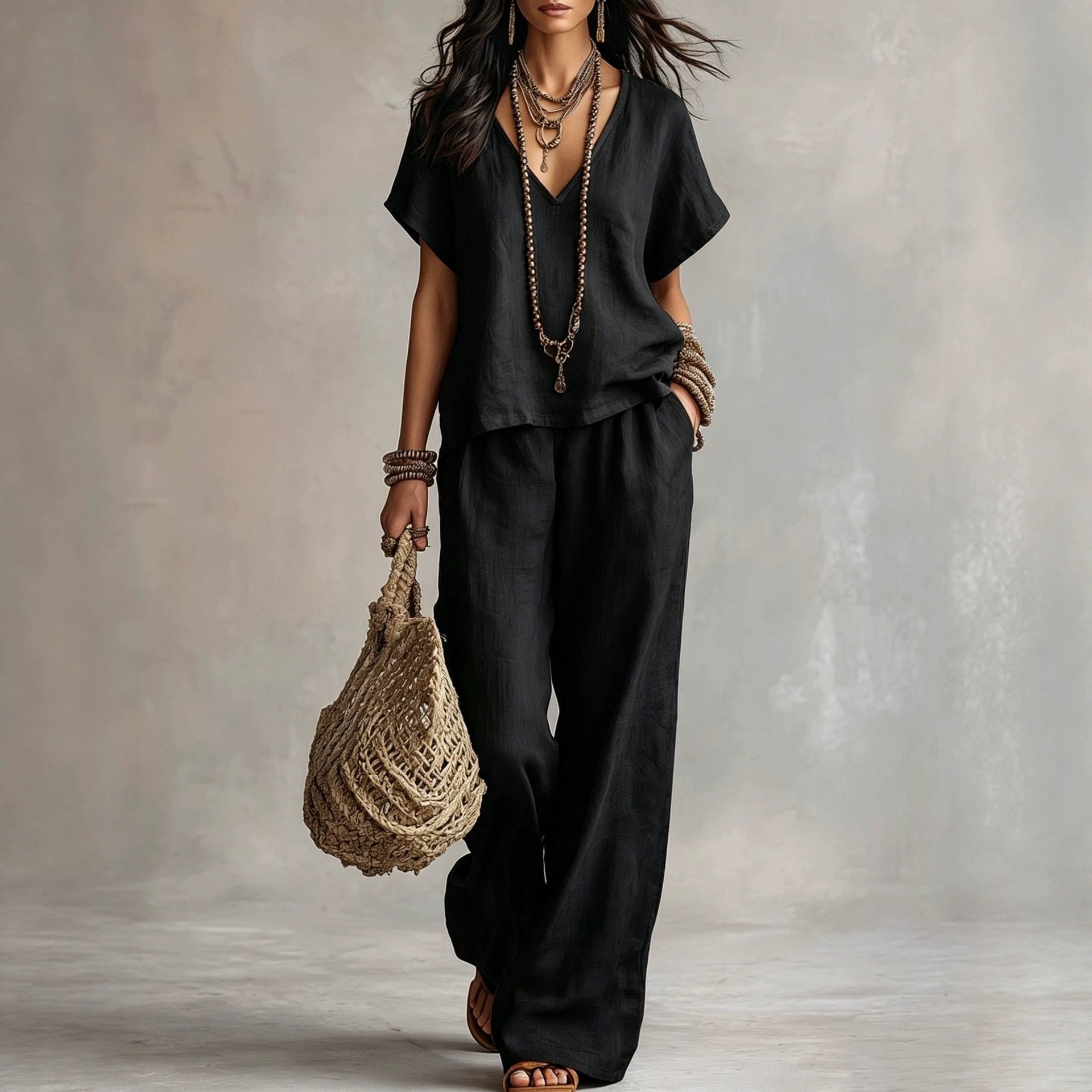 Women's Fashion Casual Solid Color V Neck Loose Short Sleeve And Casual Trousers Two Piece