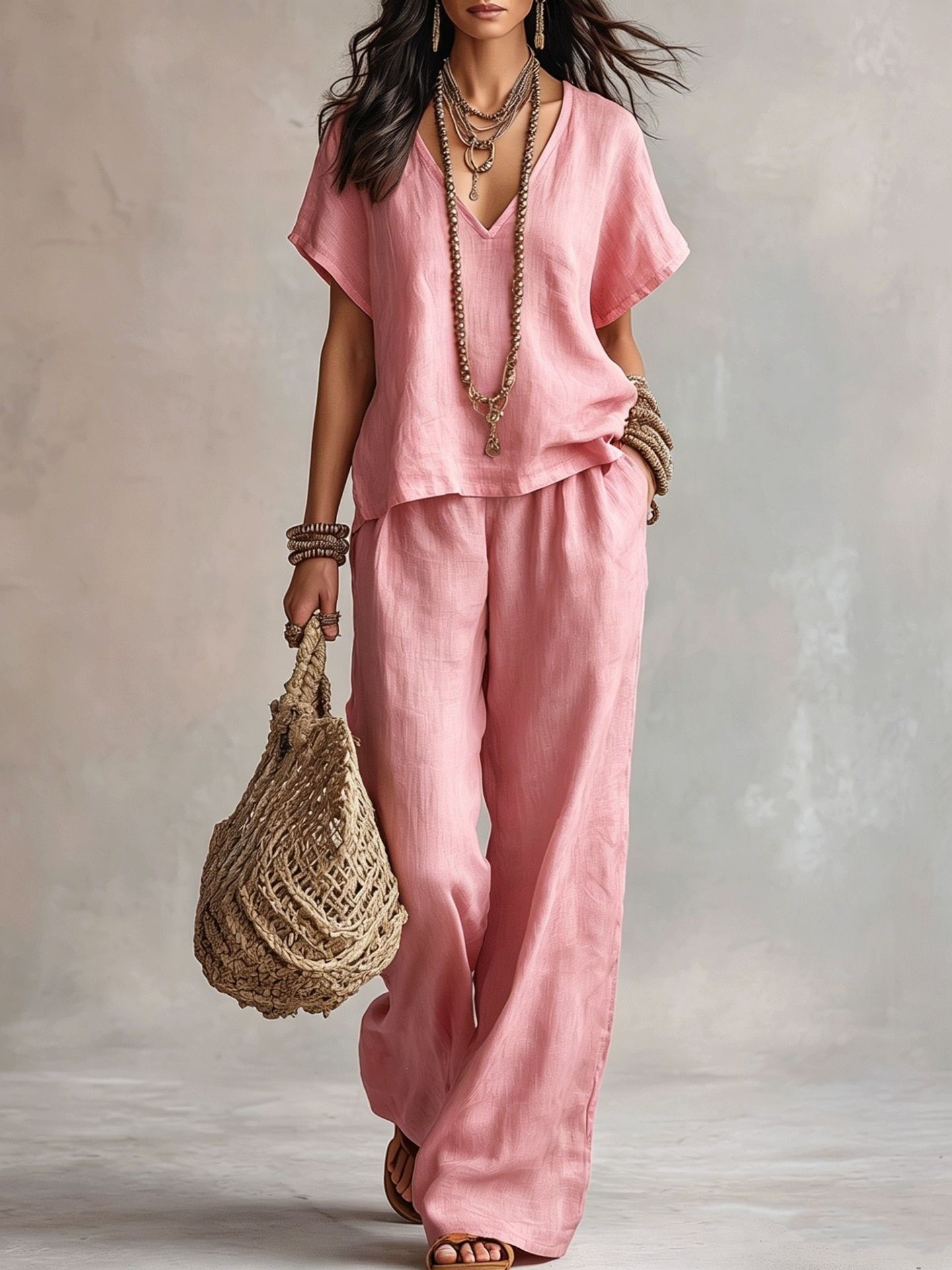 Women's Fashion Casual Solid Color V Neck Loose Short Sleeve And Casual Trousers Two Piece