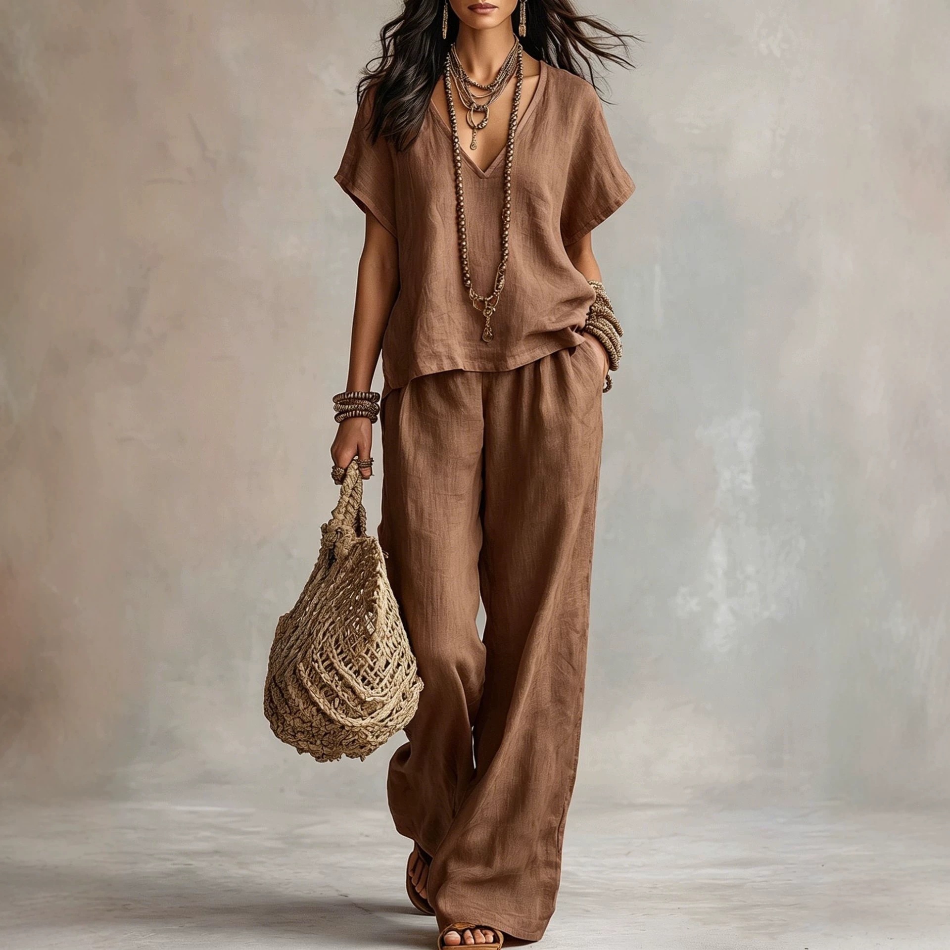 Women's Fashion Casual Solid Color V Neck Loose Short Sleeve And Casual Trousers Two Piece