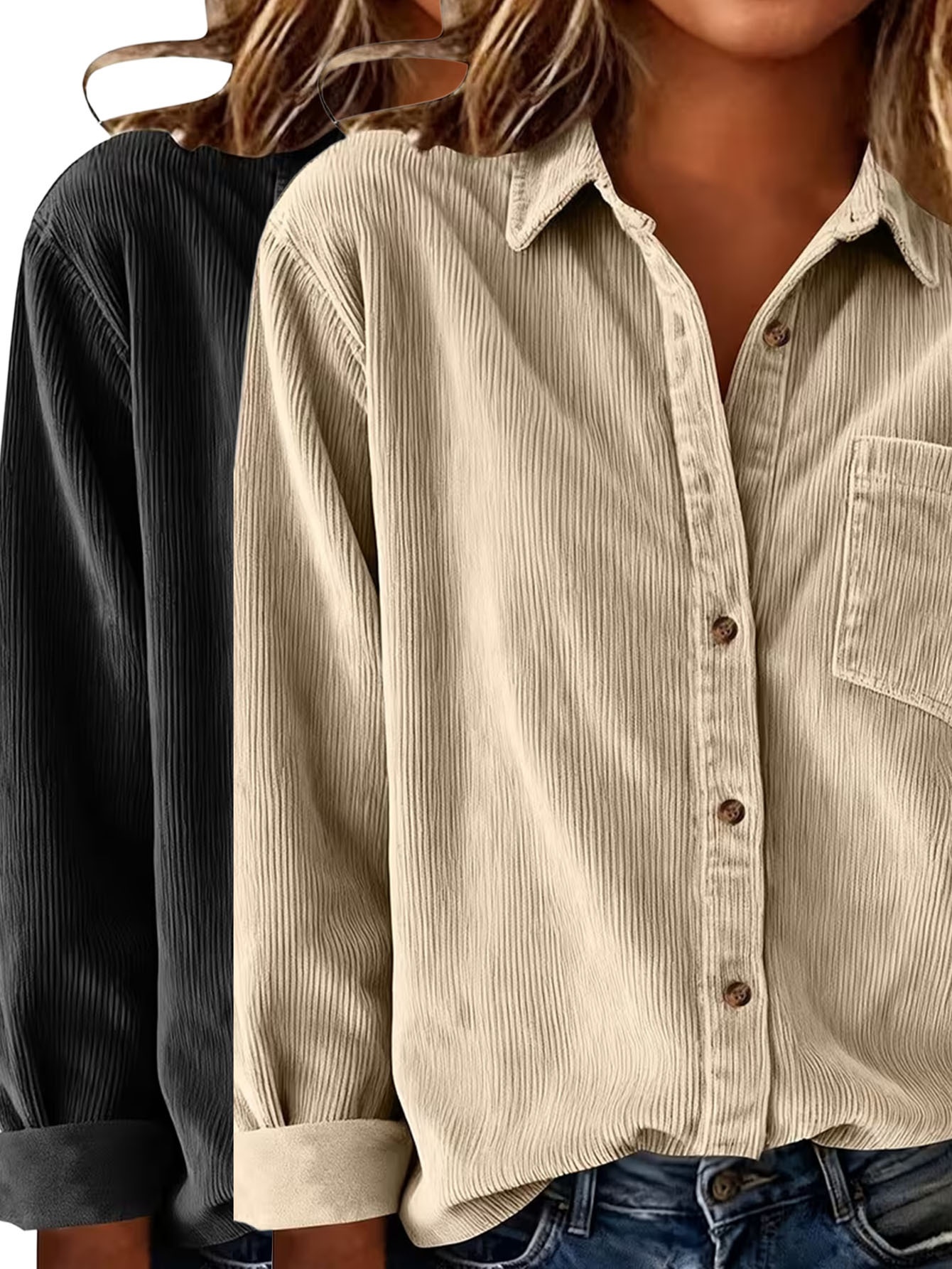 Camicia con risvolto a maniche lunghe in velluto a coste tinta unita alla moda da donna