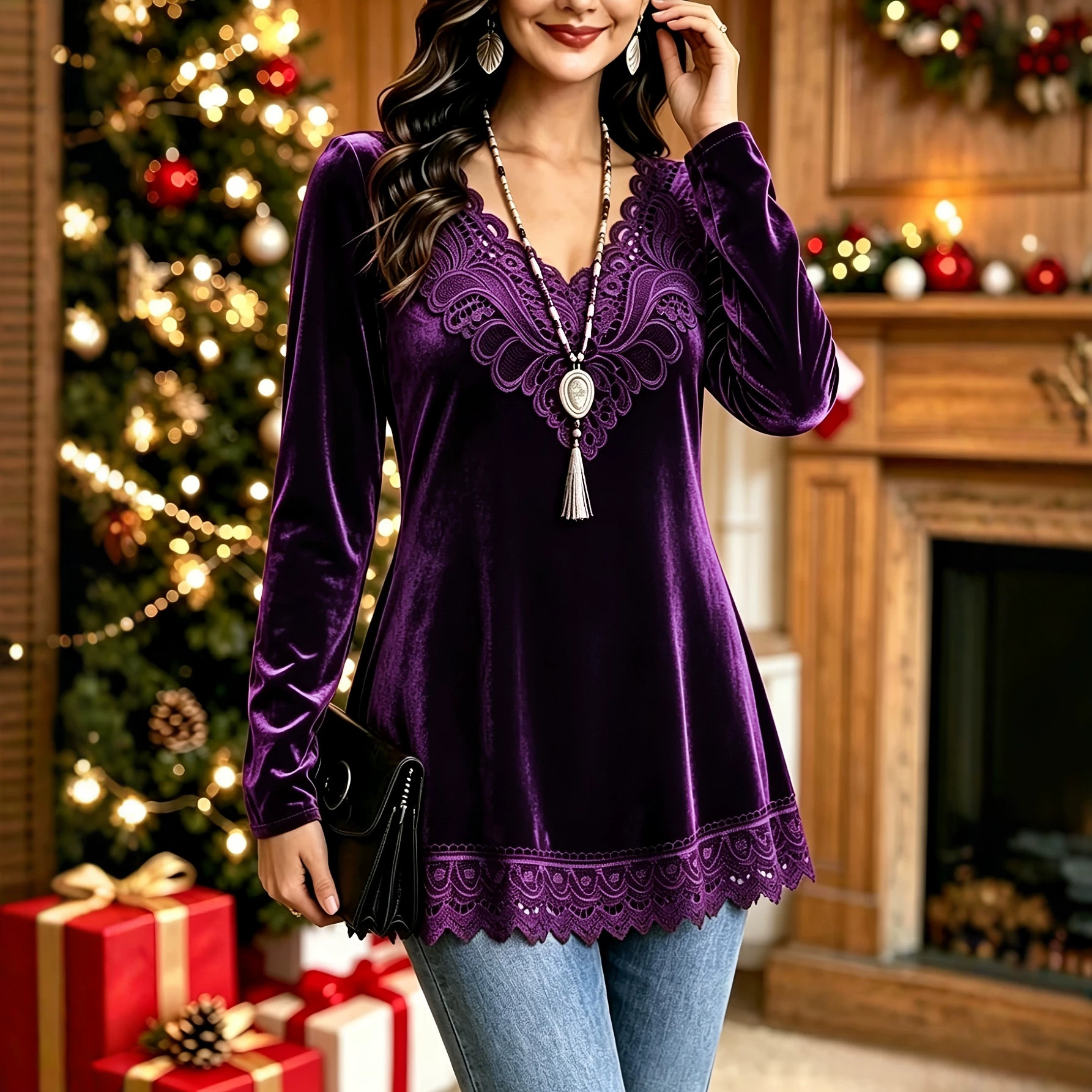 Women's Fashionable And Elegant Velvet Lace-Panel Long-Sleeve Top