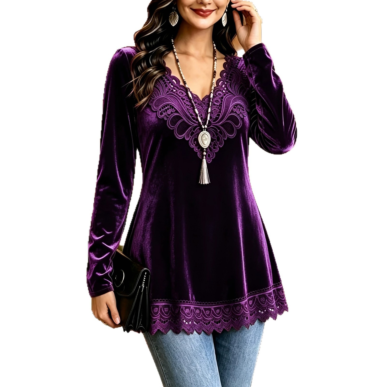 Women's Fashionable And Elegant Velvet Lace-Panel Long-Sleeve Top