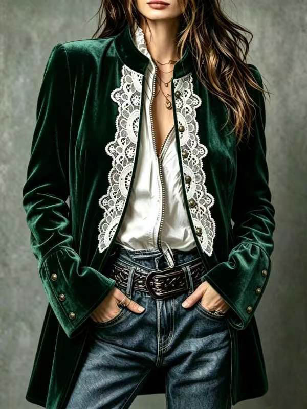 Women's Fashionable Lace-panelled Cardigan Velvet Coat