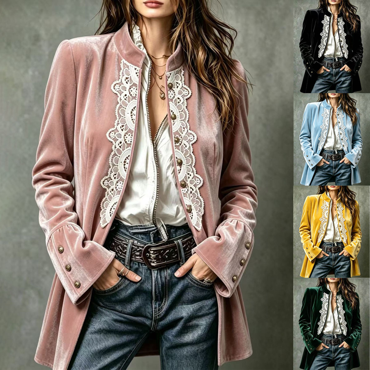 Women's Fashionable Lace-panelled Cardigan Velvet Coat