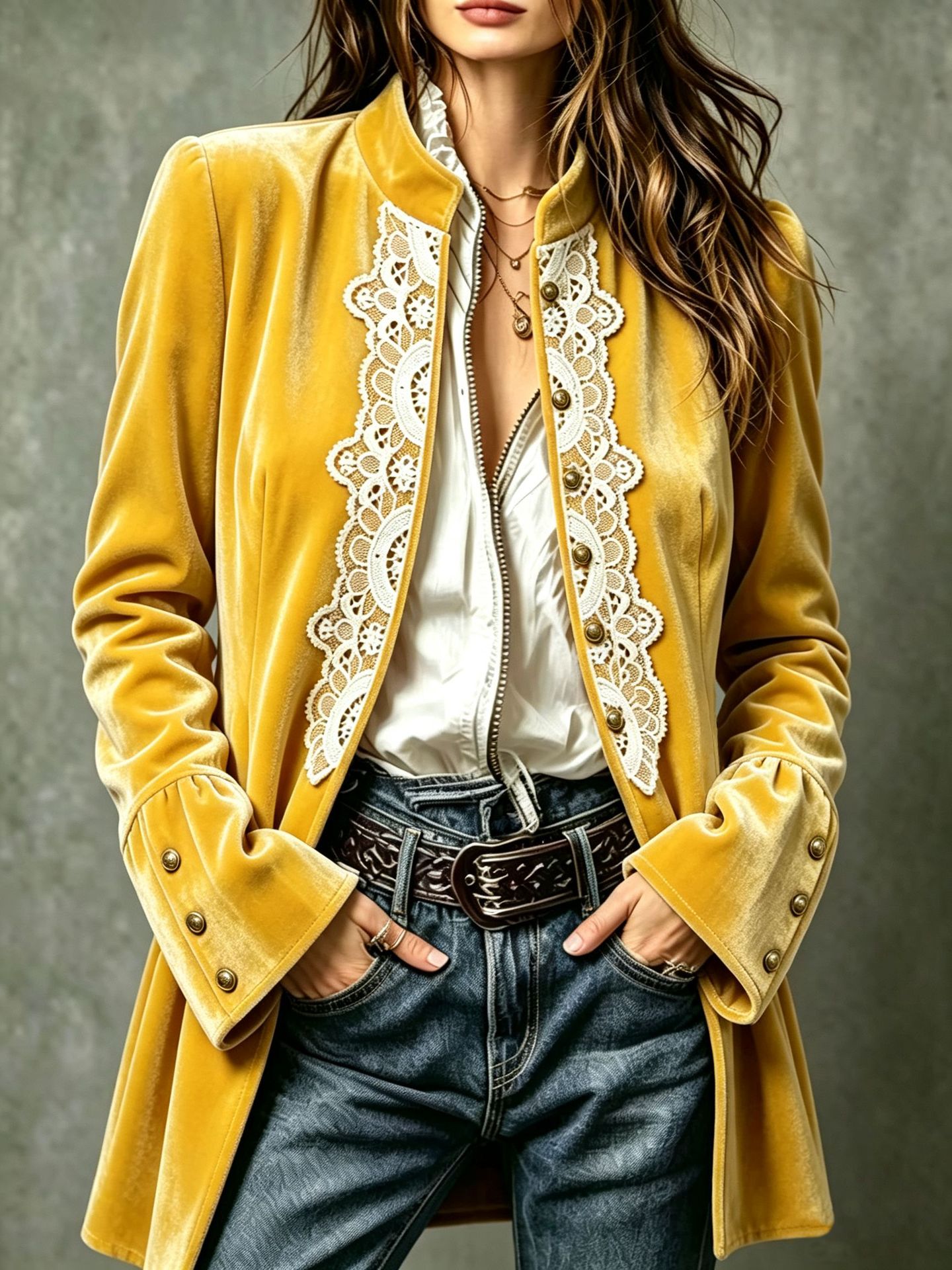 Women's Fashionable Lace-panelled Cardigan Velvet Coat