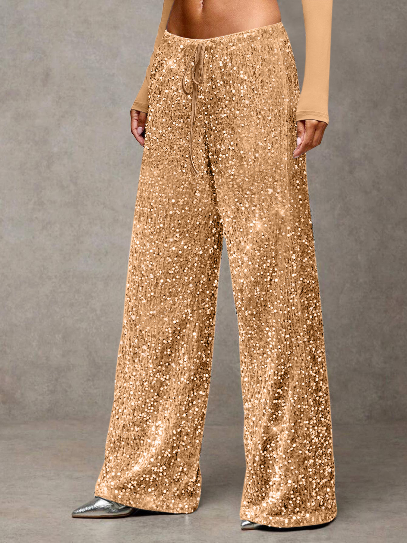 Modische Damen-Freizeithose mit weitem Bein und Pailletten