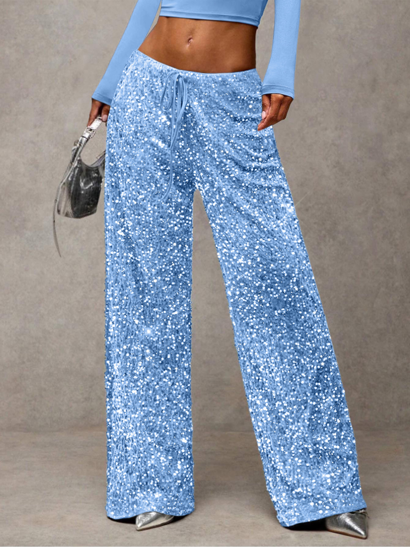 Modische Damen-Freizeithose mit weitem Bein und Pailletten