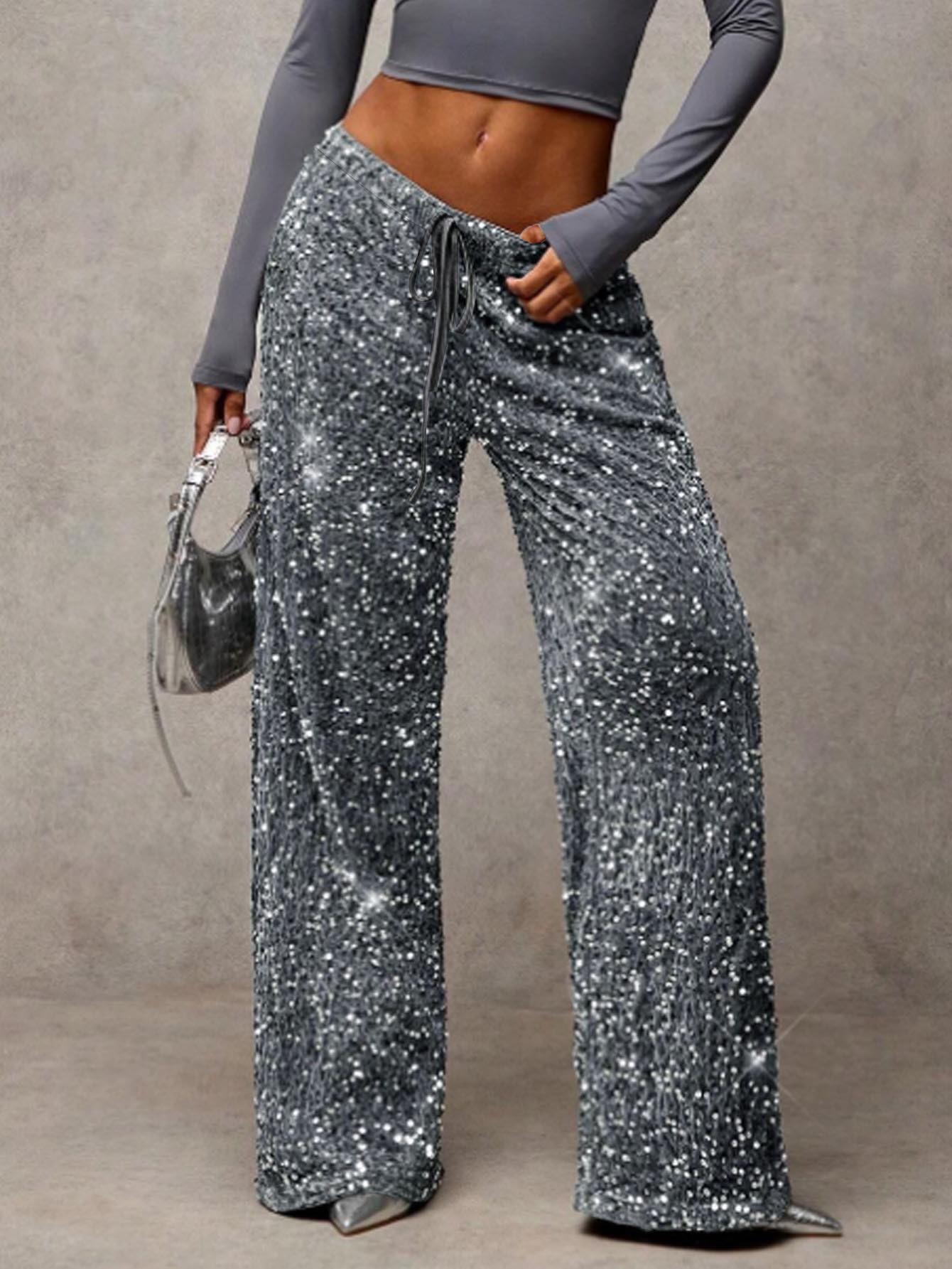 Modische Damen-Freizeithose mit weitem Bein und Pailletten
