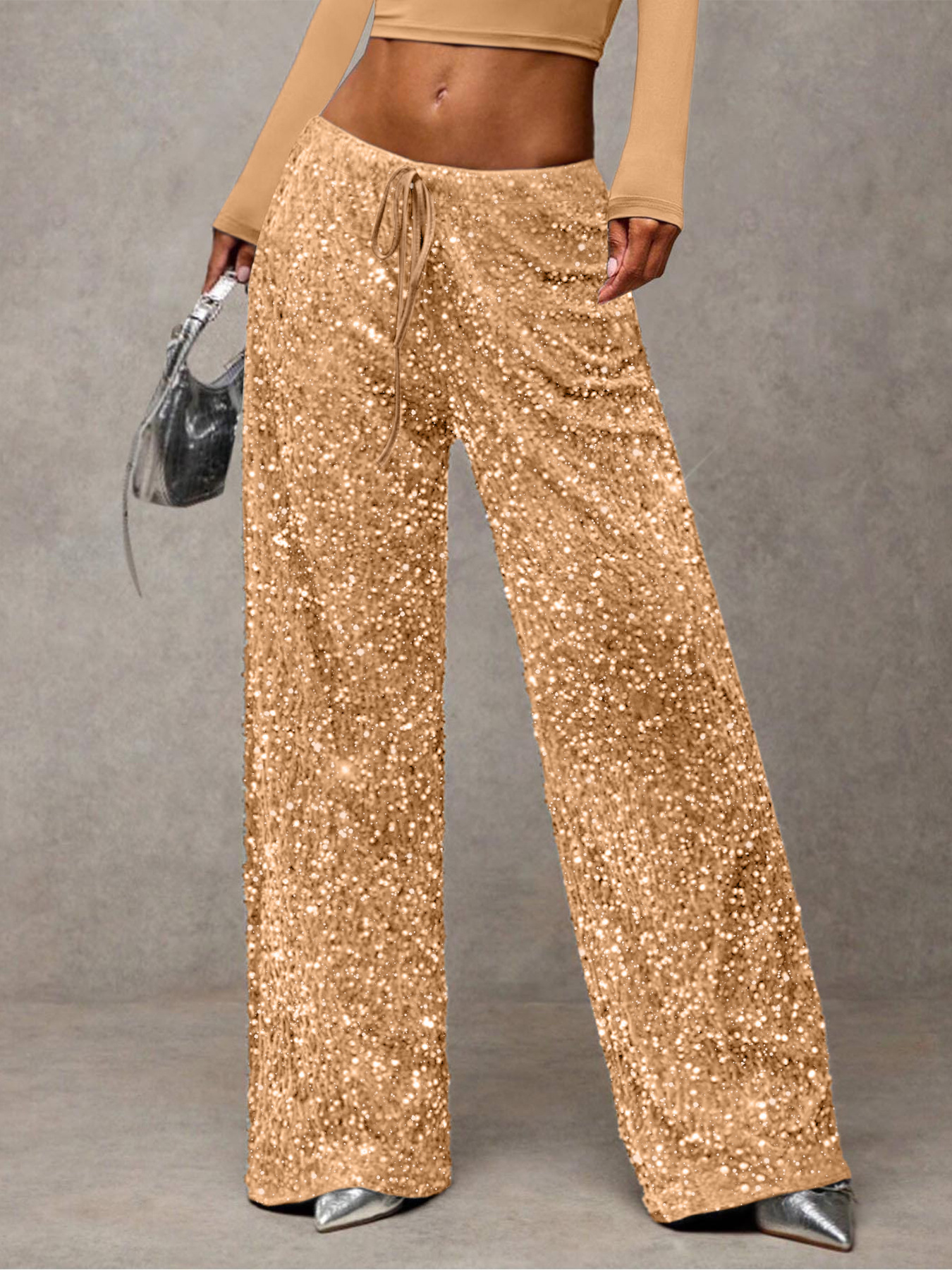 Modische Damen-Freizeithose mit weitem Bein und Pailletten