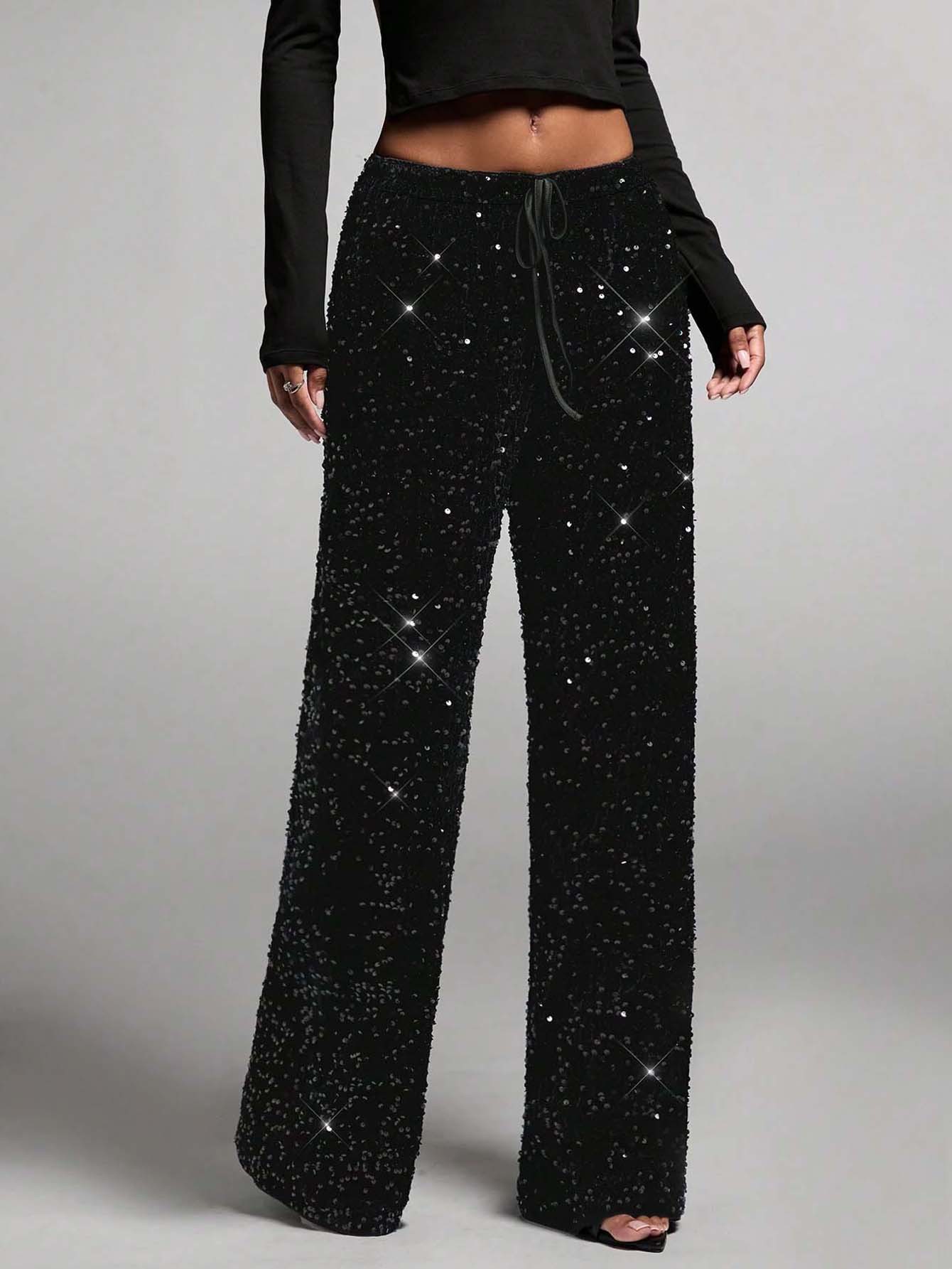 Modische Damen-Freizeithose mit weitem Bein und Pailletten