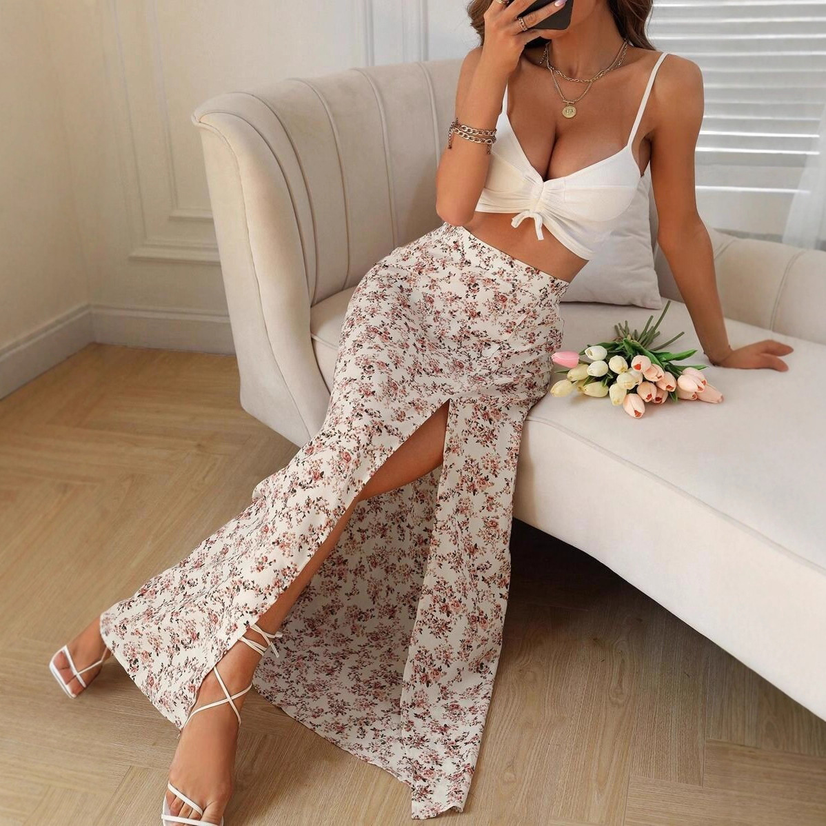 Women's Floral Print Long Skirt with High Slit - Elegant Flowy Maxi Skirt for Summer