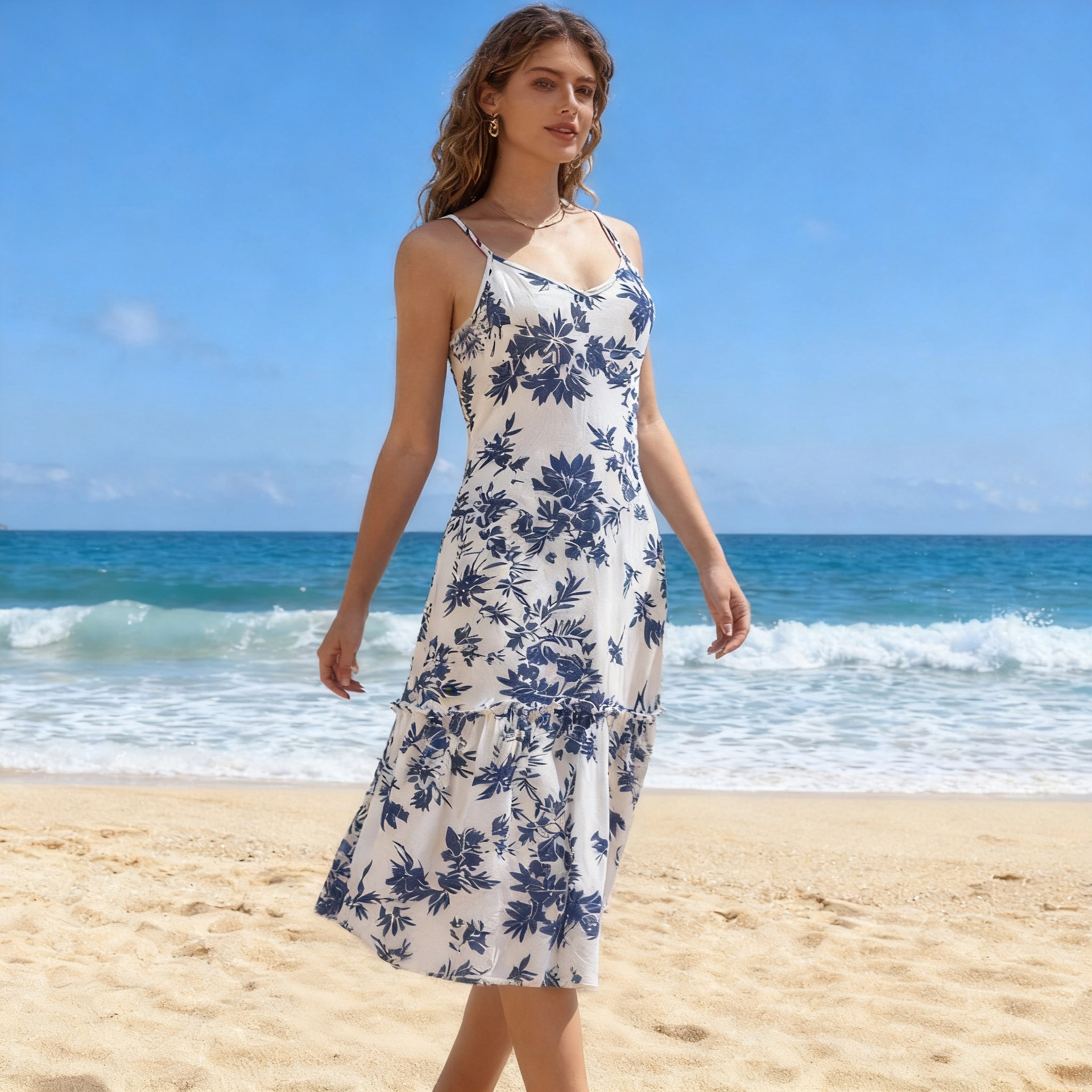 Women's Floral-print Midi Slip Dress