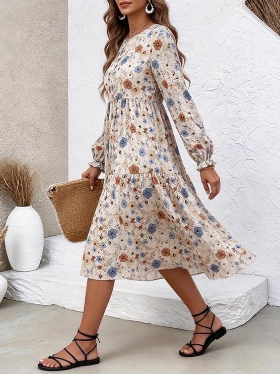 Damen-Midikleid mit Blumendruck, gestuft, Rundhalsausschnitt, lange Puffärmel, lässiges A-Linien-Kleid