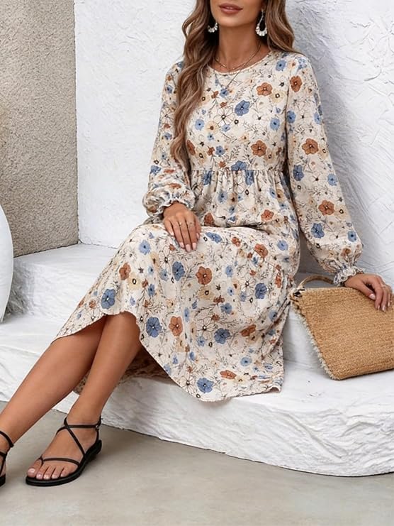 Damen-Midikleid mit Blumendruck, gestuft, Rundhalsausschnitt, lange Puffärmel, lässiges A-Linien-Kleid