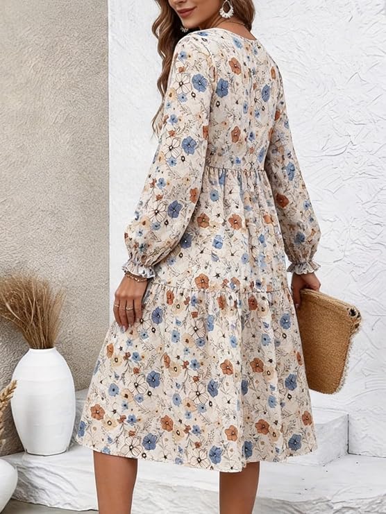 Damen-Midikleid mit Blumendruck, gestuft, Rundhalsausschnitt, lange Puffärmel, lässiges A-Linien-Kleid