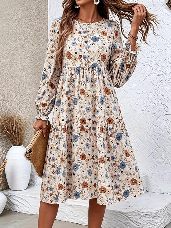 Damen-Midikleid mit Blumendruck, gestuft, Rundhalsausschnitt, lange Puffärmel, lässiges A-Linien-Kleid