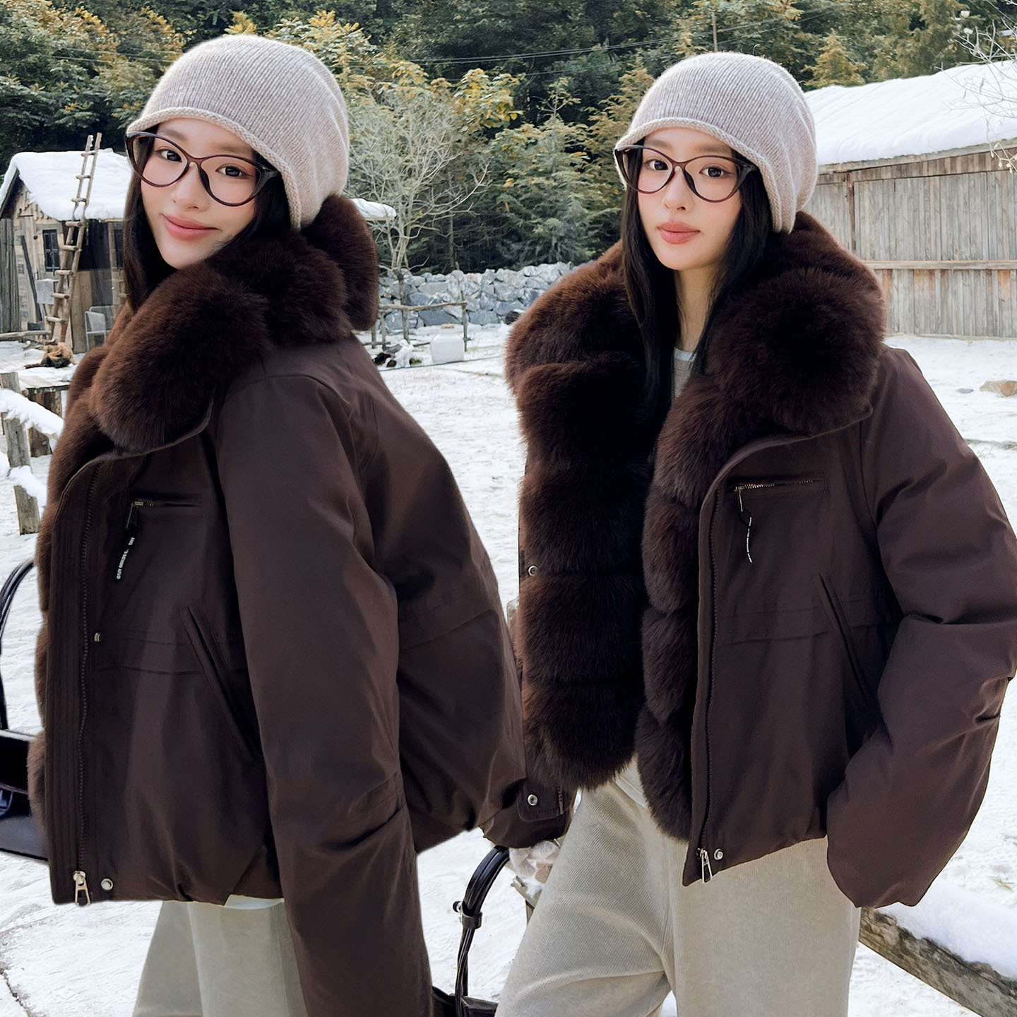 Women's Full Circle Wool Tops Oblique Zipper Cargo Pocket Loose Padded Coat