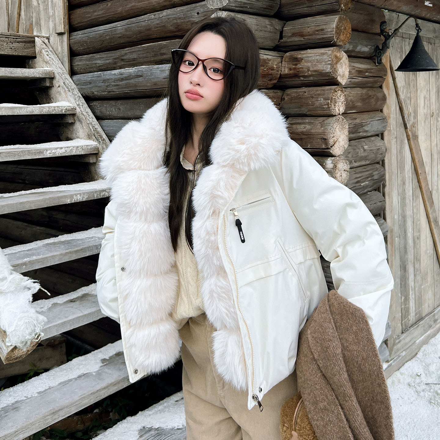 Women's Full Circle Wool Tops Oblique Zipper Cargo Pocket Loose Padded Coat