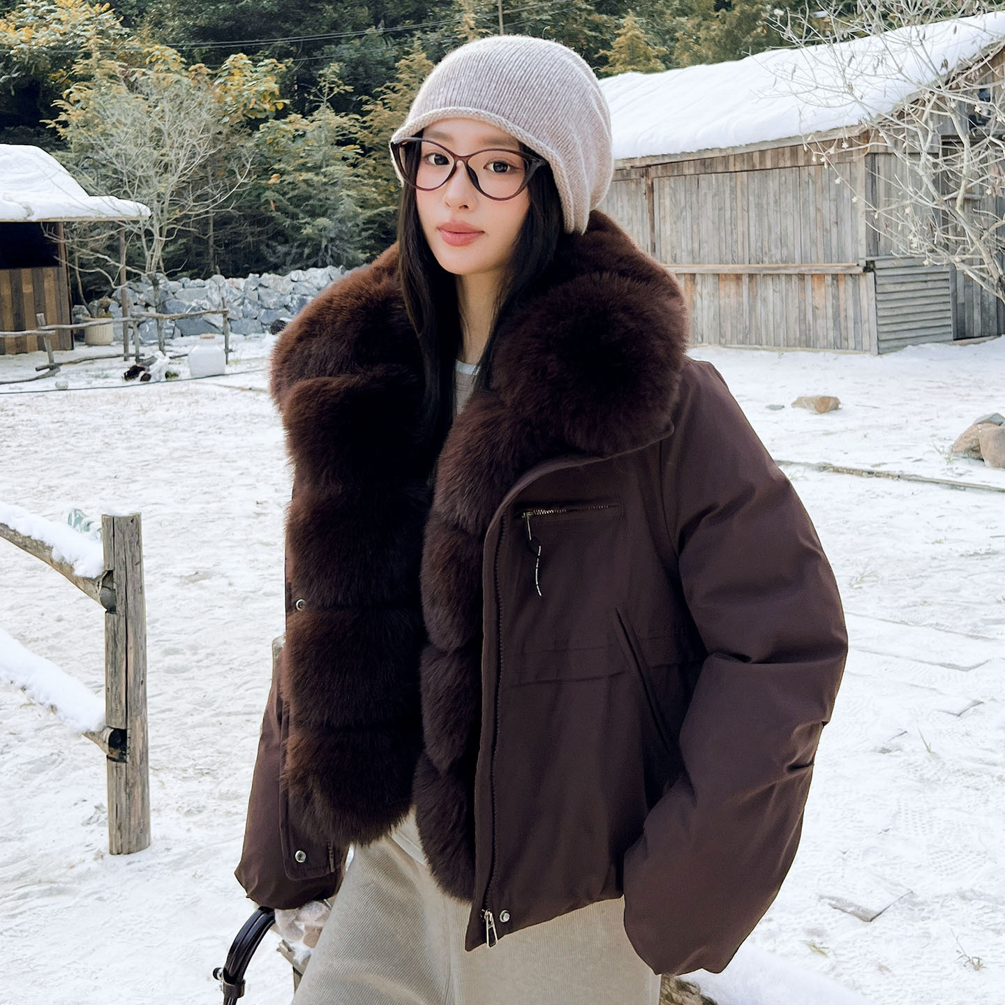 Women's Full Circle Wool Tops Oblique Zipper Cargo Pocket Loose Padded Coat