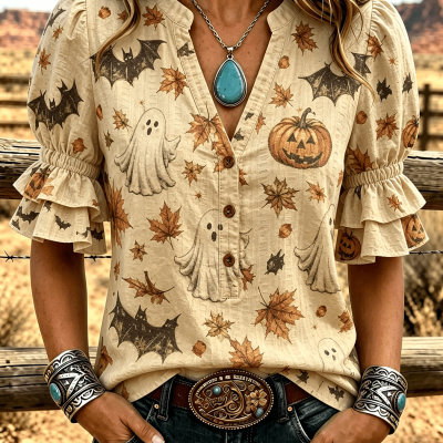 Women's Halloween-print Blouse With Bell Sleeves