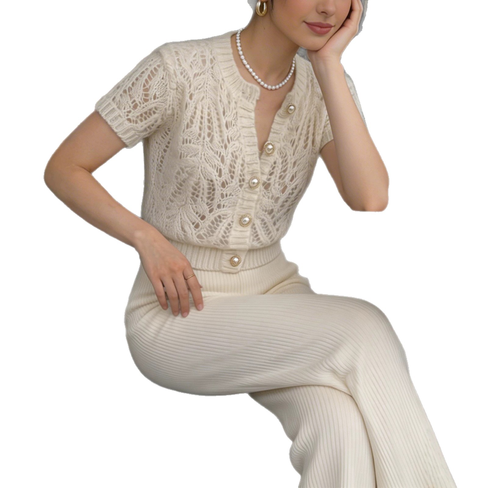Women's Hollow-out Round-neck Pearl-button Solid-color Short-sleeve Top