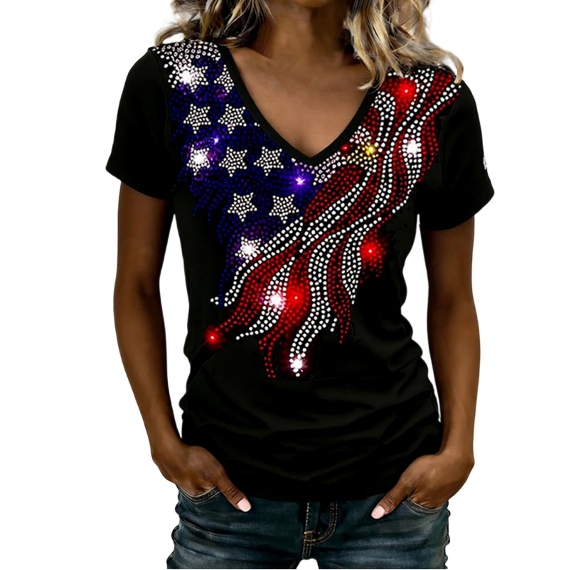 Women's Independence Day Rhinestone Pullover V-Neck T-Shirt