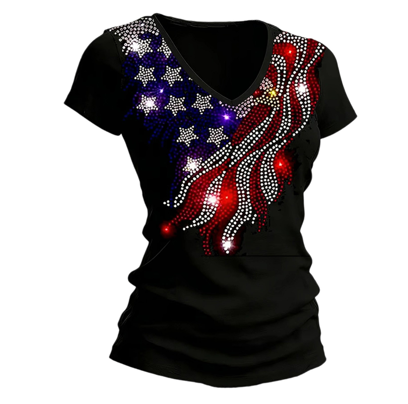 Women's Independence Day Rhinestone Pullover V-Neck T-Shirt