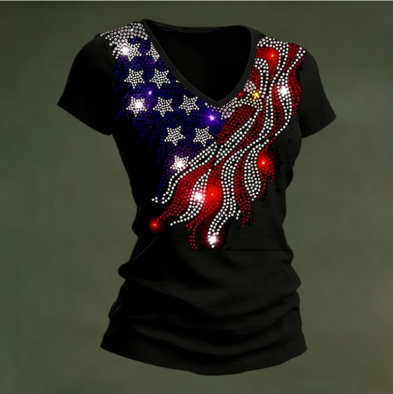 Women's Independence Day Rhinestone Pullover V-Neck T-Shirt