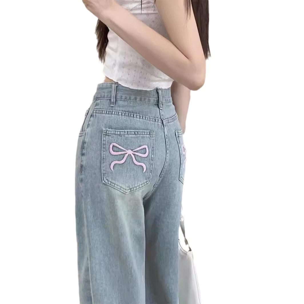 Women's Korean-style Bow-tie Embroidered Straight-leg Jeans