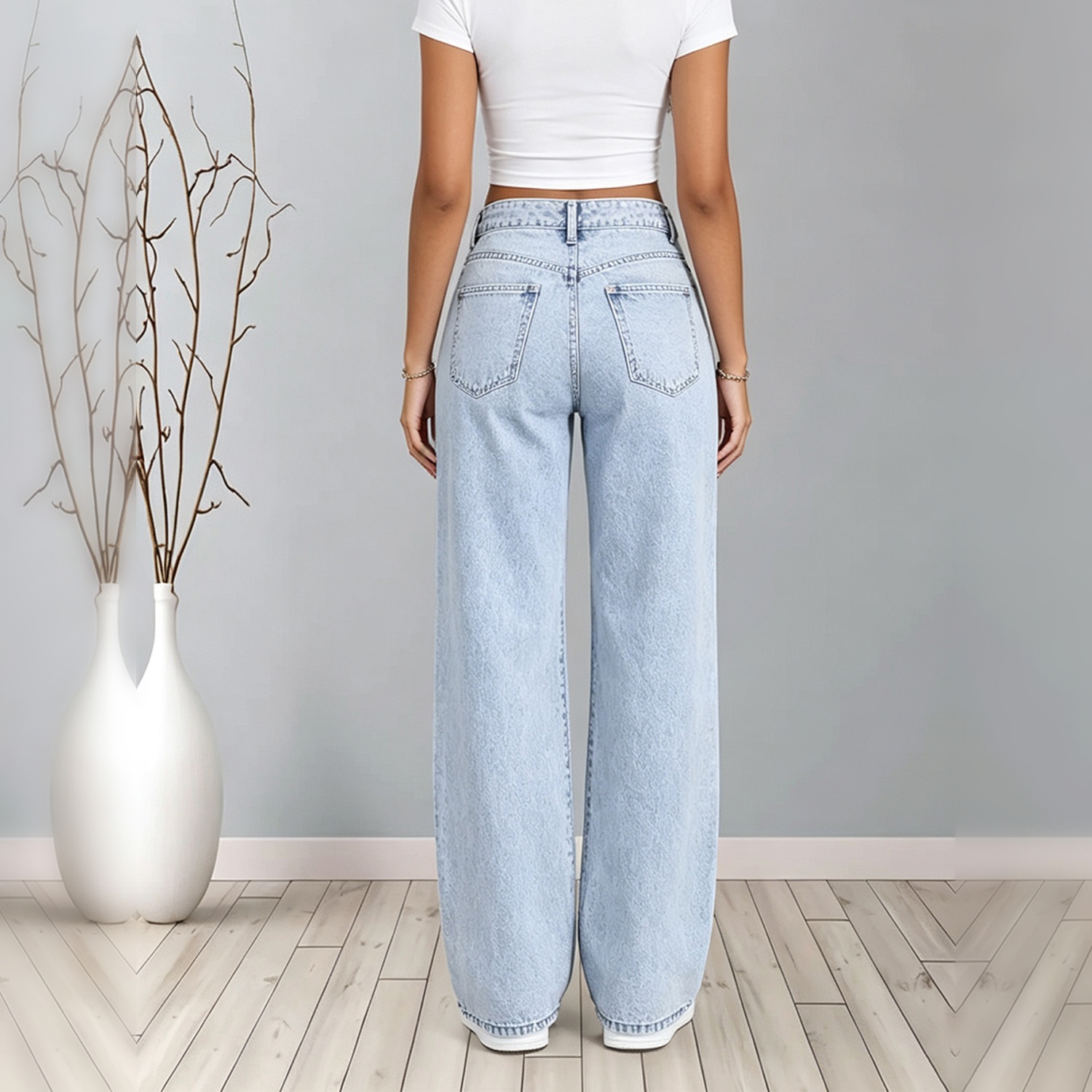 Women's Light Acid Wash Low Waist Wide Leg Jeans, Casual Loose Denim Pants With Pockets