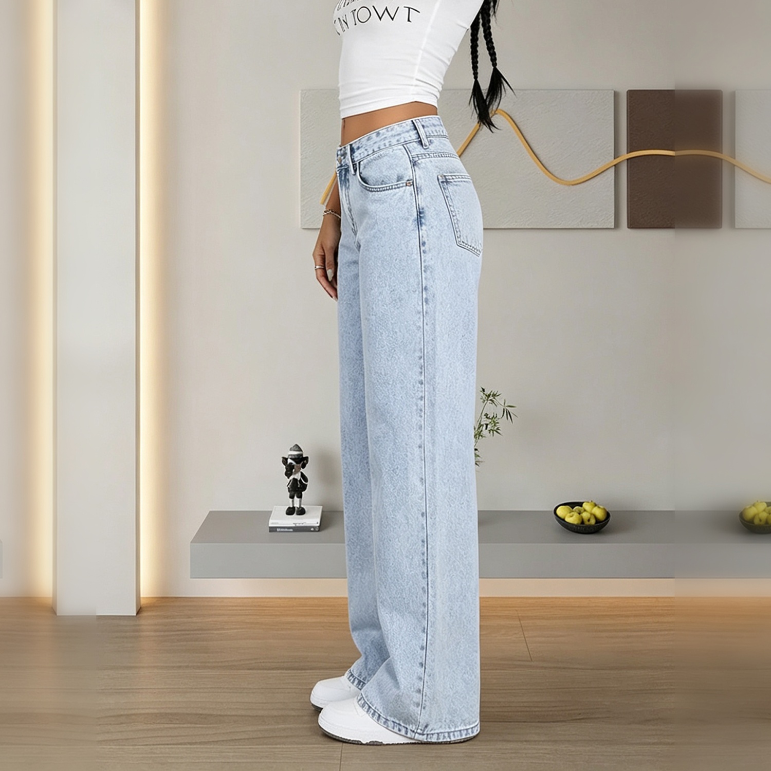 Women's Light Acid Wash Low Waist Wide Leg Jeans, Casual Loose Denim Pants With Pockets