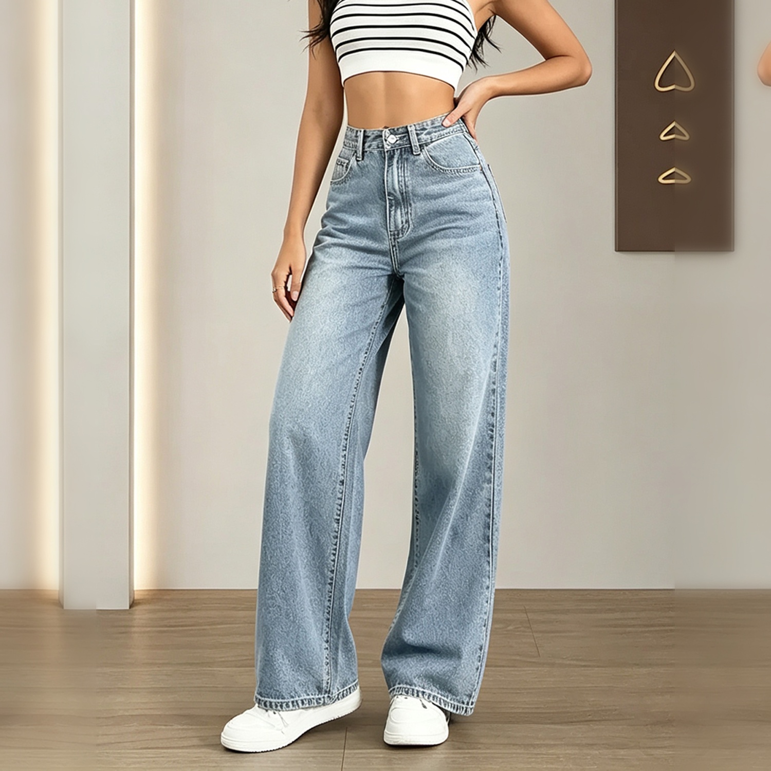 Women's Light Wash High Waist Wide Leg Jeans, Vintage Faded Loose Denim Pants With Pockets