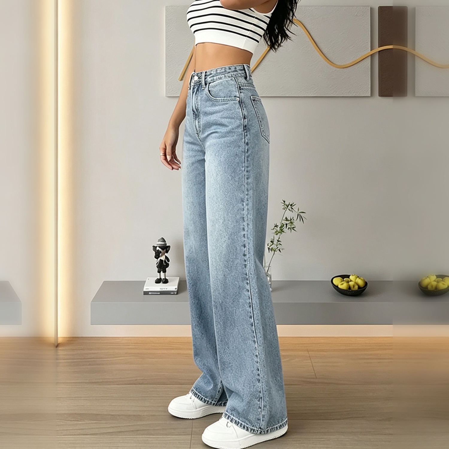 Women's Light Wash High Waist Wide Leg Jeans, Vintage Faded Loose Denim Pants With Pockets