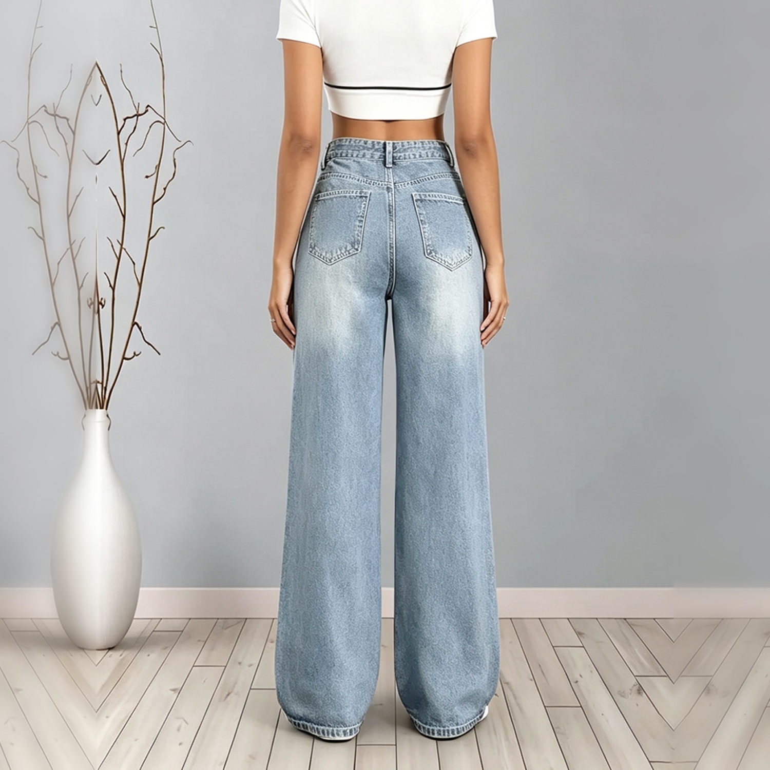 Women's Light Wash High Waist Wide Leg Jeans, Vintage Faded Loose Denim Pants With Pockets
