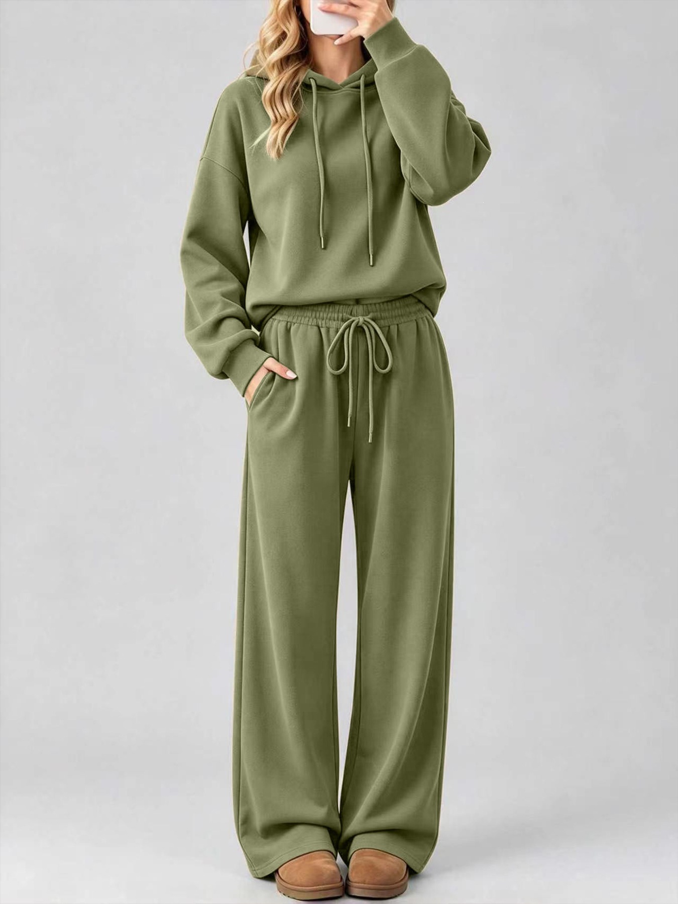 Women's Long Sleeve Hooded Sweatshirt With Drawstring, Loose Wide Leg Elastic Waist Solid
