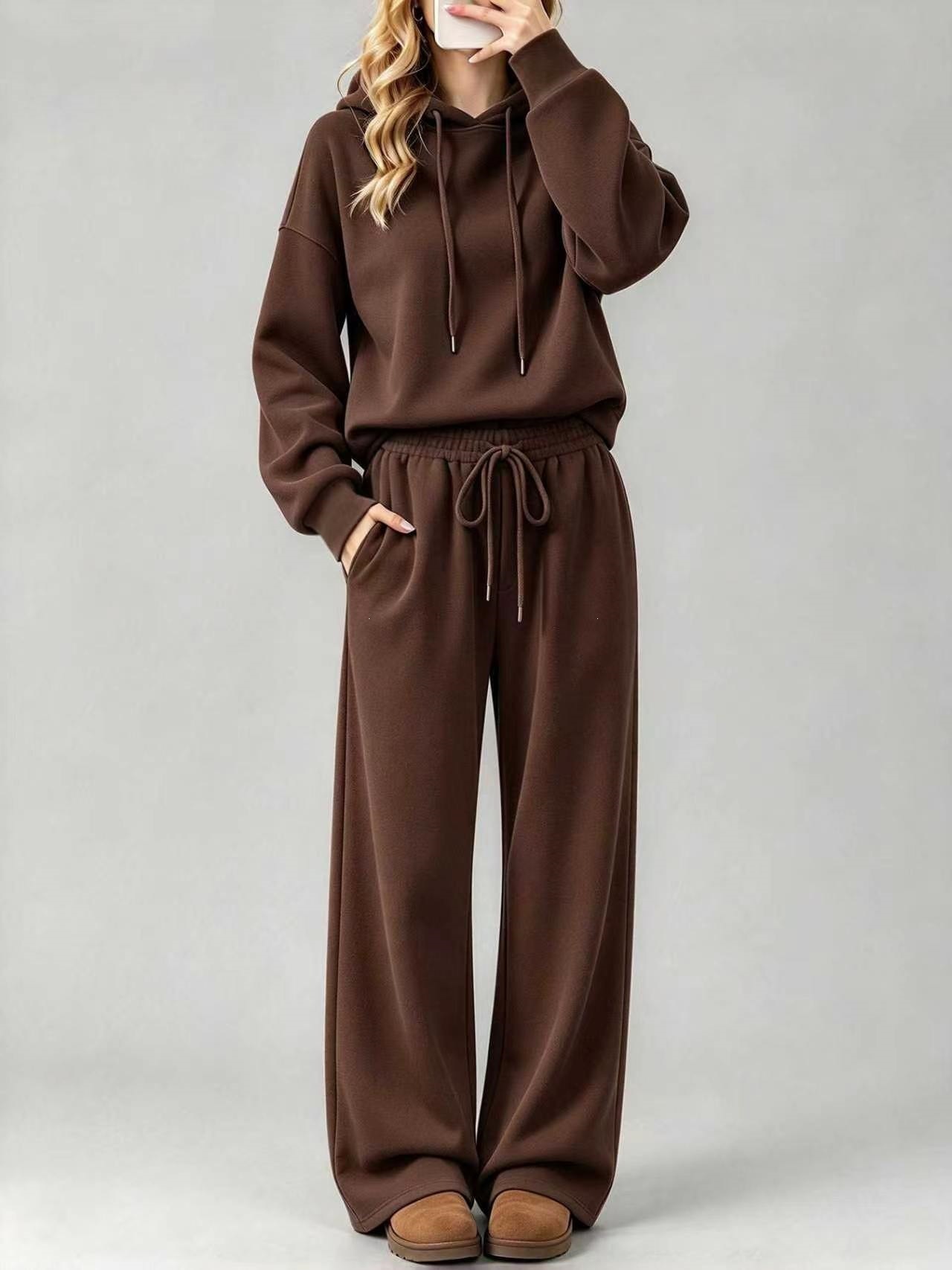 Women's Long Sleeve Hooded Sweatshirt With Drawstring, Loose Wide Leg Elastic Waist Solid
