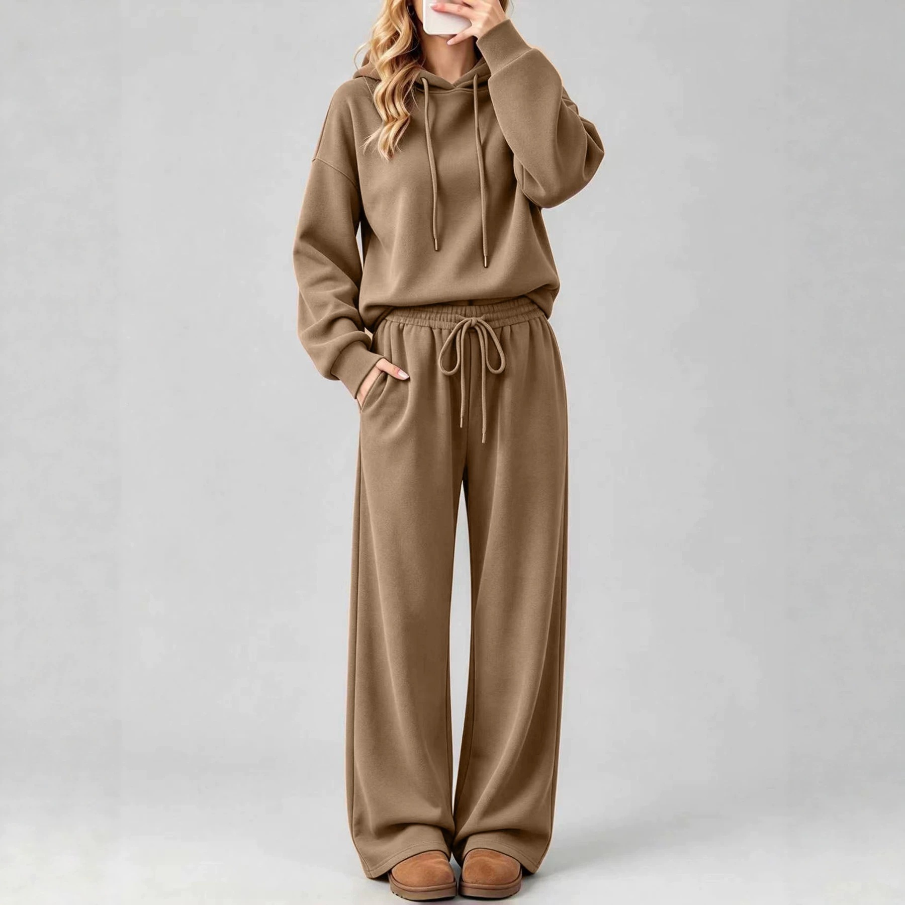 Women's Long Sleeve Hooded Sweatshirt With Drawstring, Loose Wide Leg Elastic Waist Solid