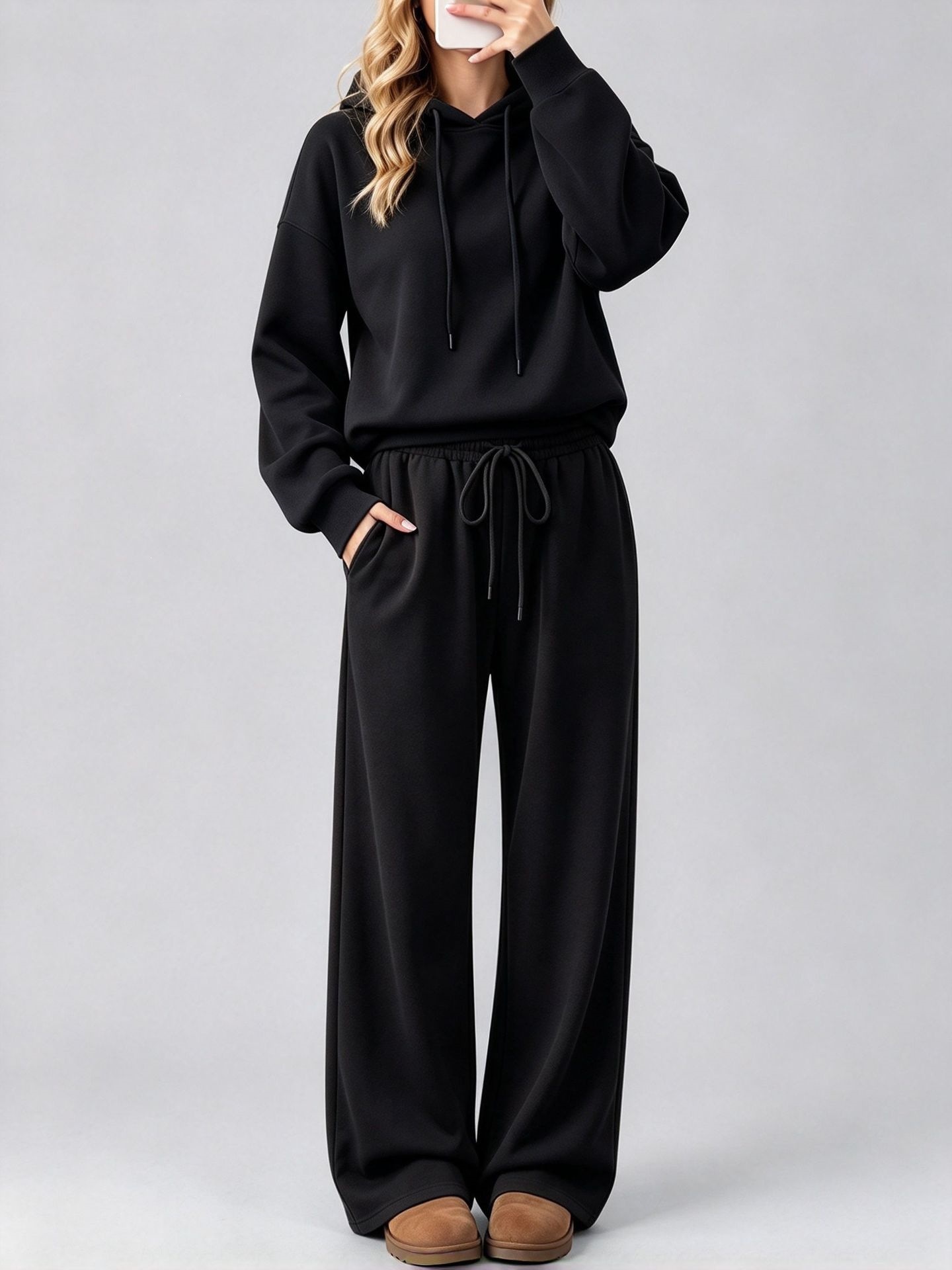 Women's Long Sleeve Hooded Sweatshirt With Drawstring, Loose Wide Leg Elastic Waist Solid