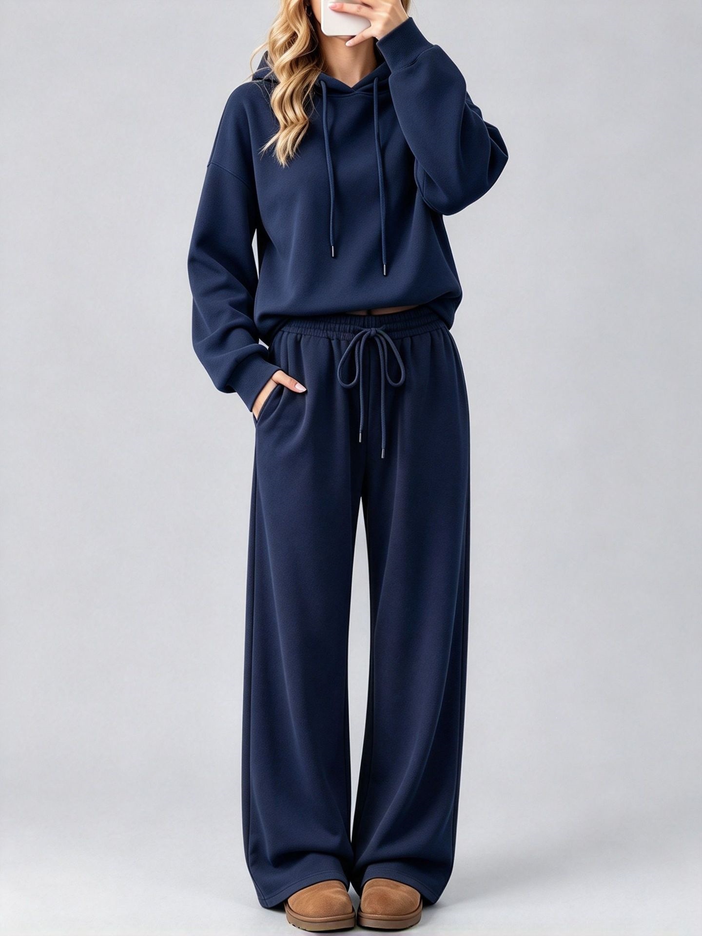 Women's Long Sleeve Hooded Sweatshirt With Drawstring, Loose Wide Leg Elastic Waist Solid