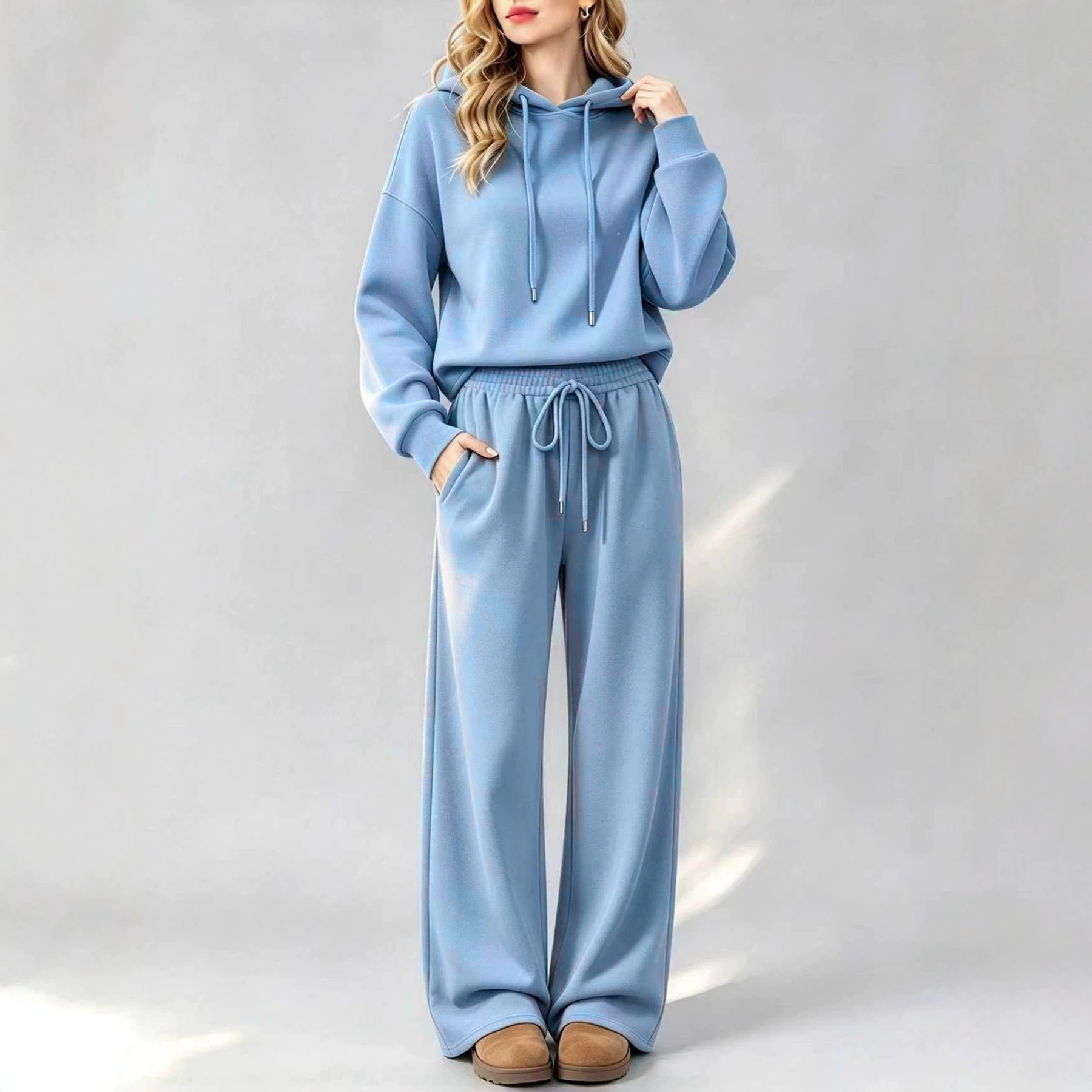 Women's Long Sleeve Hooded Sweatshirt With Drawstring, Loose Wide Leg Elastic Waist Solid