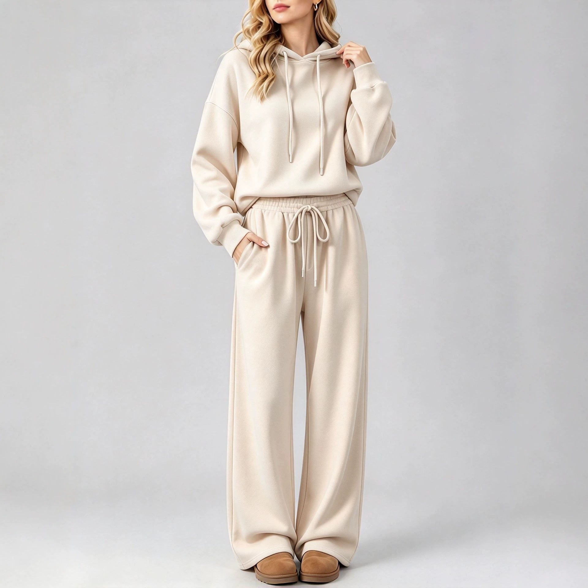 Women's Long Sleeve Hooded Sweatshirt With Drawstring, Loose Wide Leg Elastic Waist Solid