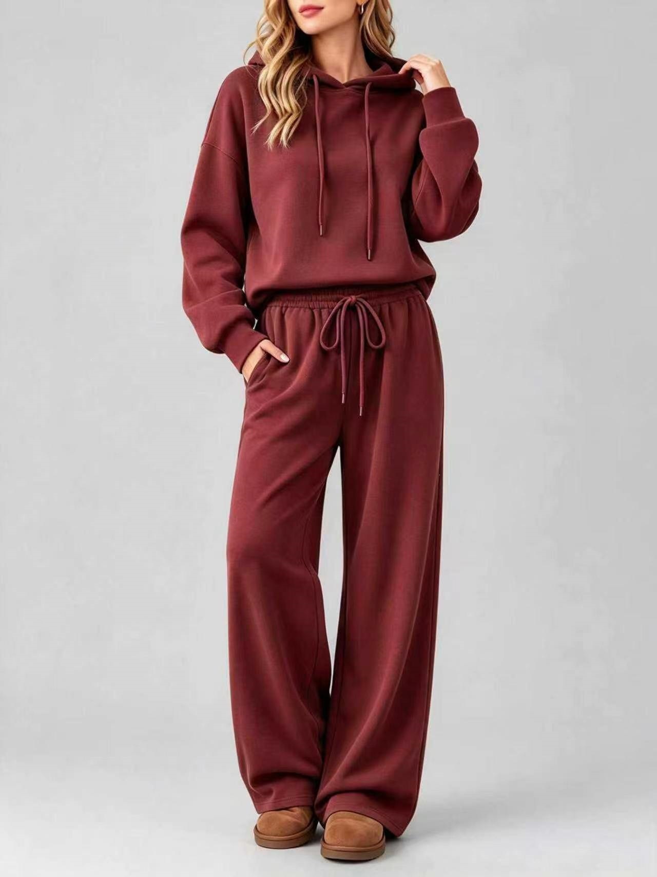 Women's Long Sleeve Hooded Sweatshirt With Drawstring, Loose Wide Leg Elastic Waist Solid