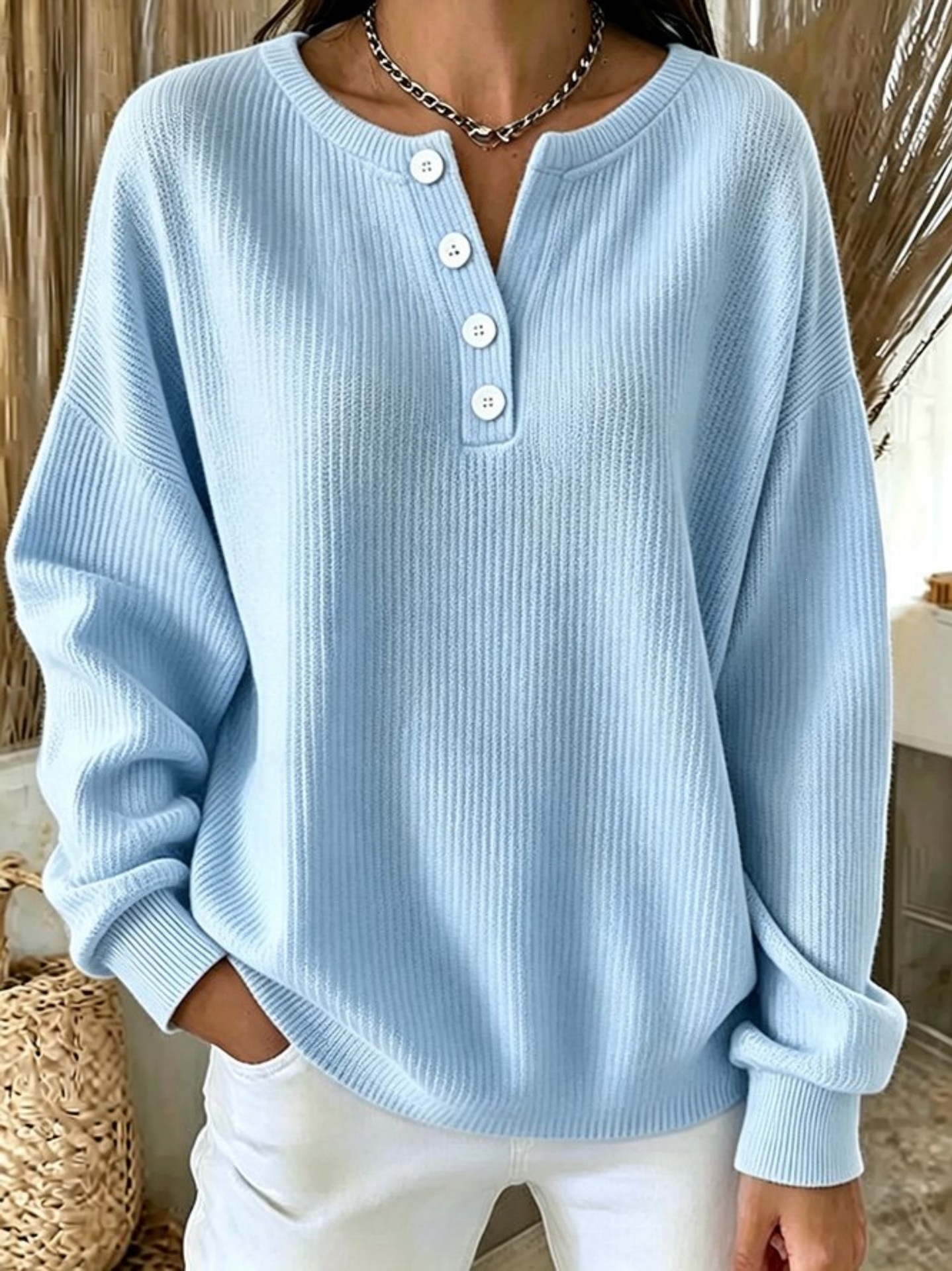 Women's Loose-fit Long-sleeve Pullover In Solid Color