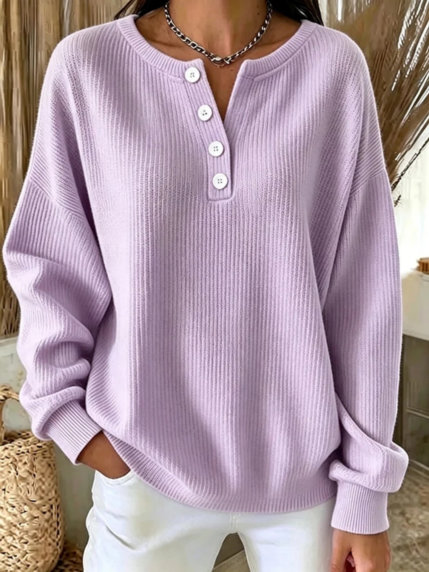 Women's Loose-fit Long-sleeve Pullover In Solid Color