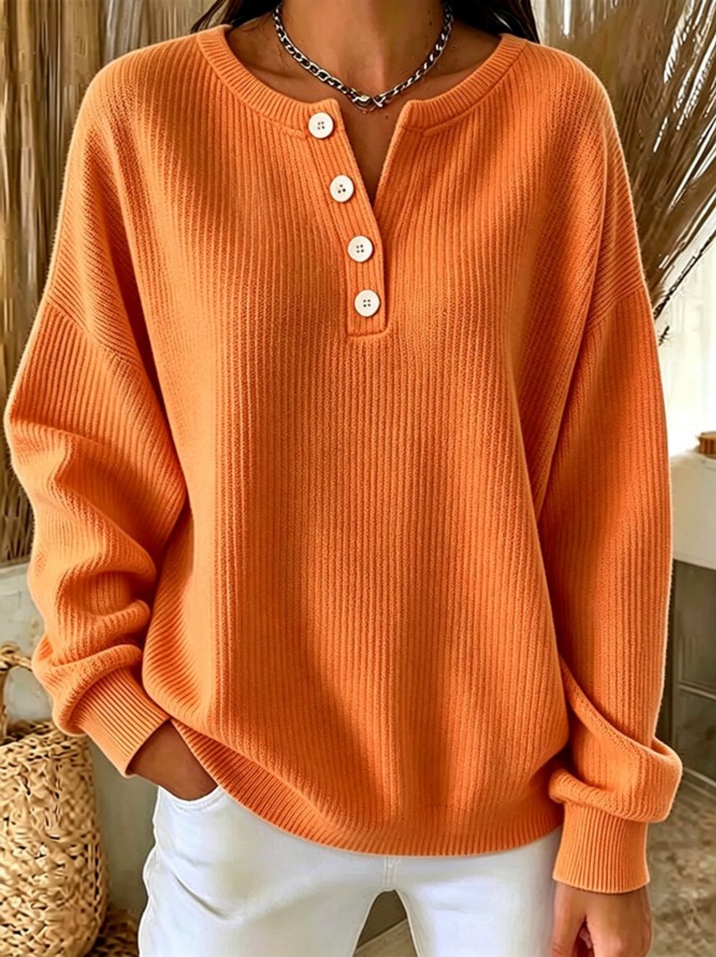 Women's Loose-fit Long-sleeve Pullover In Solid Color