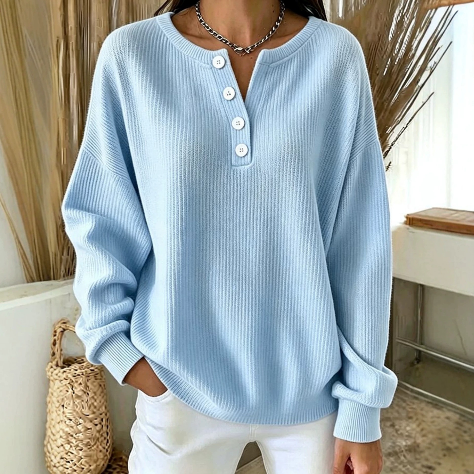 Women's Loose-fit Long-sleeve Pullover In Solid Color