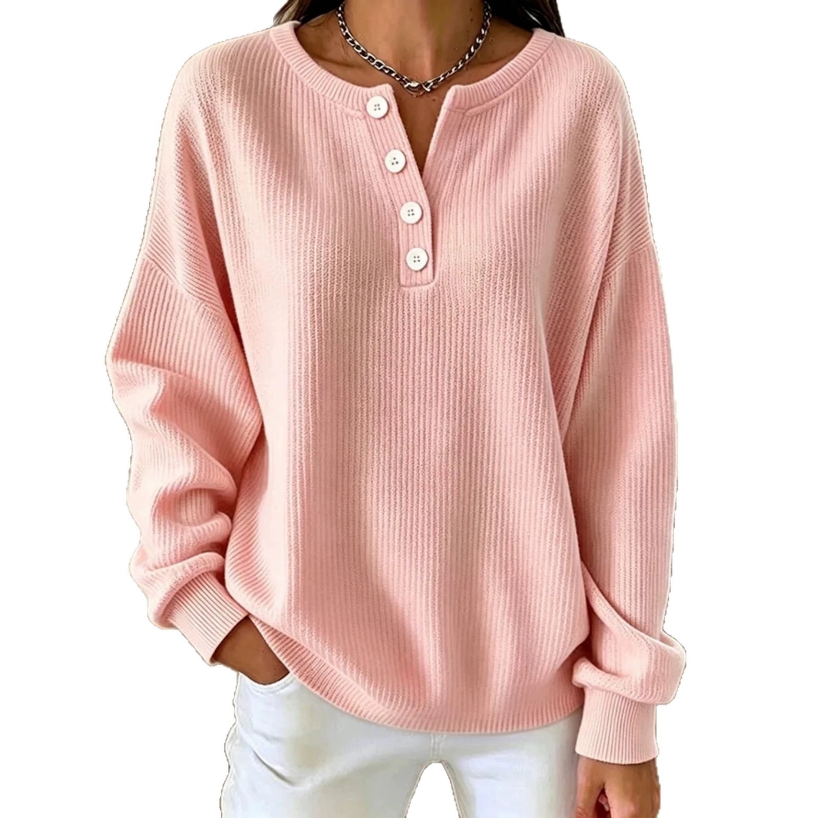 Women's Loose-fit Long-sleeve Pullover In Solid Color