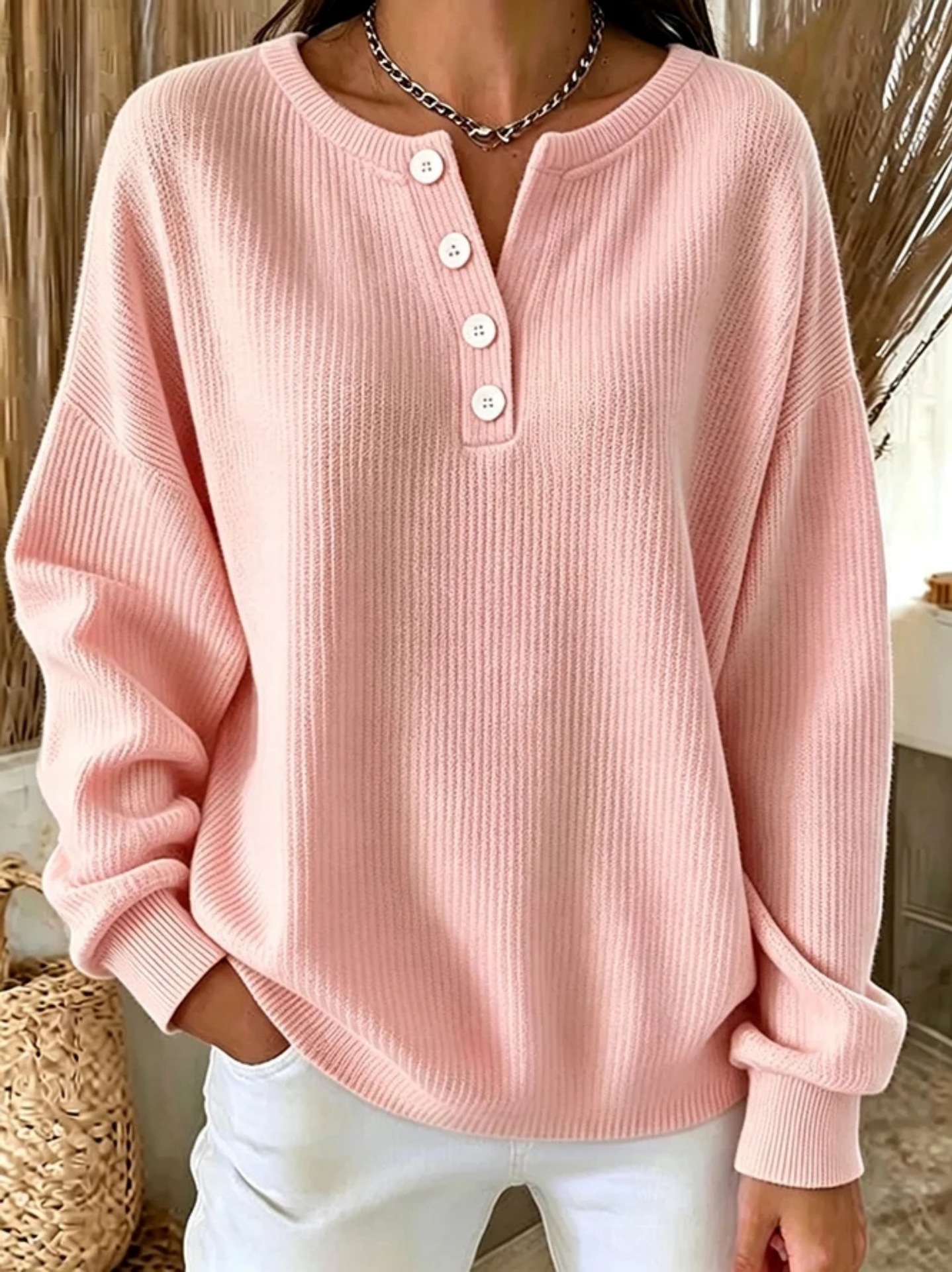 Women's Loose-fit Long-sleeve Pullover In Solid Color