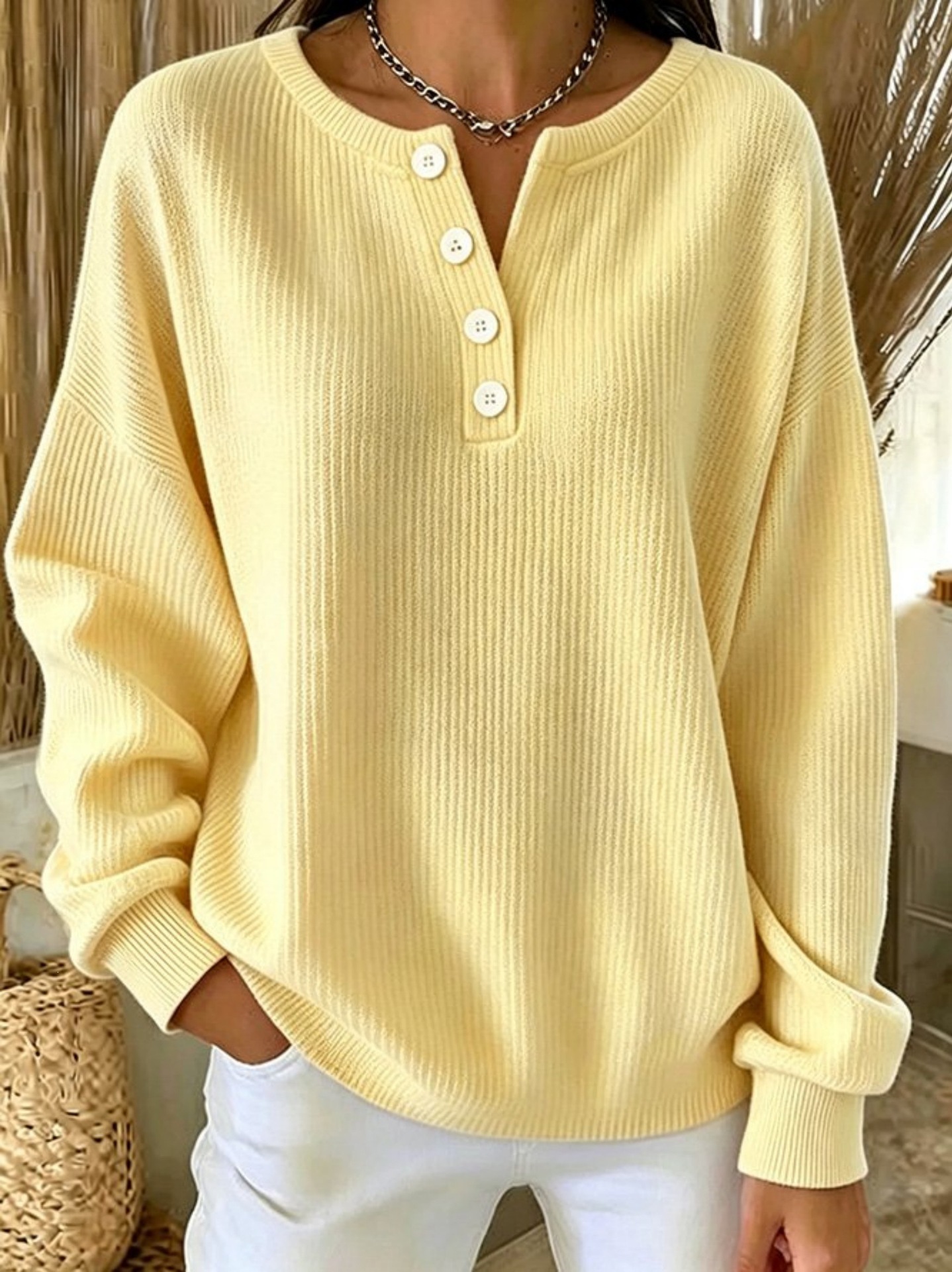 Women's Loose-fit Long-sleeve Pullover In Solid Color